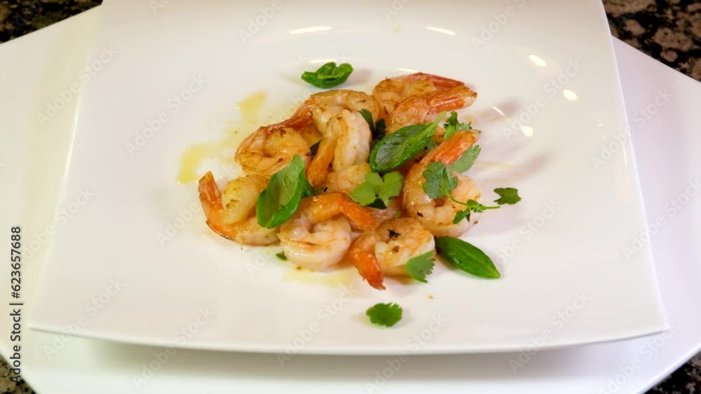Roasted Prawns on frying pan served on white wooden cutting board. High quality 4k footage Roasted Prawns on frying pan served on white wooden cutting board. High quality 4k footage