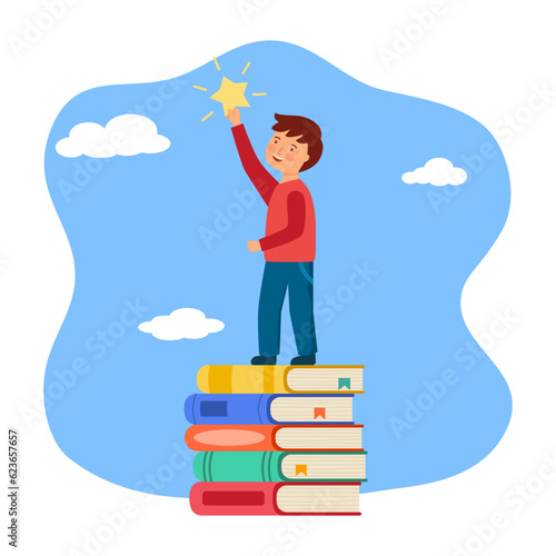 Little boy reach the star in flat design.
