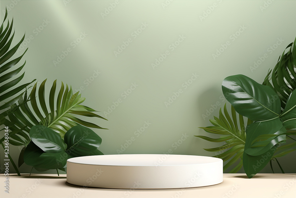 Minimal podium for product presentation with tropical leaves. Background for cosmetic product branding. Generative AI Minimal podium for product presentation with tropical leaves. Background for cosmetic product branding. Generative AI