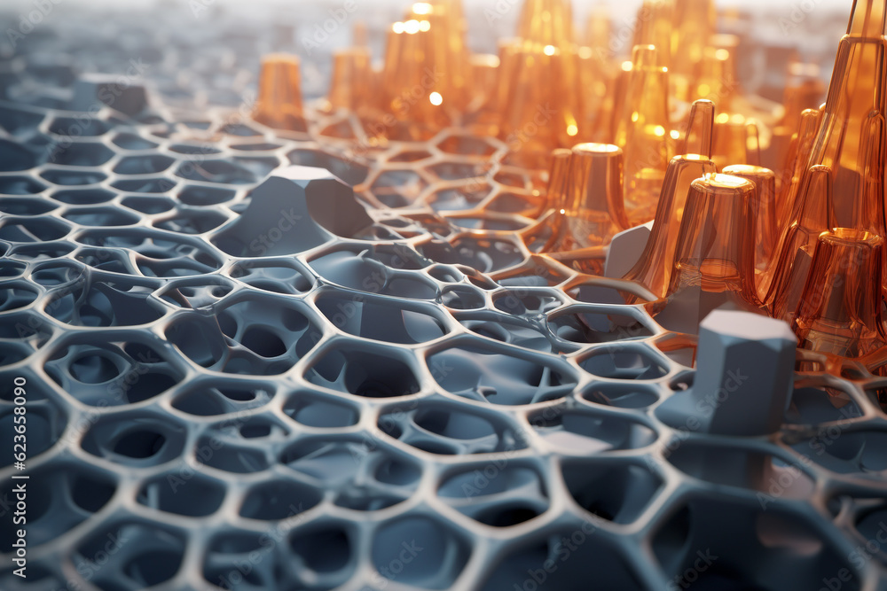 Fototapeta premium Science, technology and graphic resources concept. Abstract and futuristic looking nanomaterial background surface with copy space. Generative AI