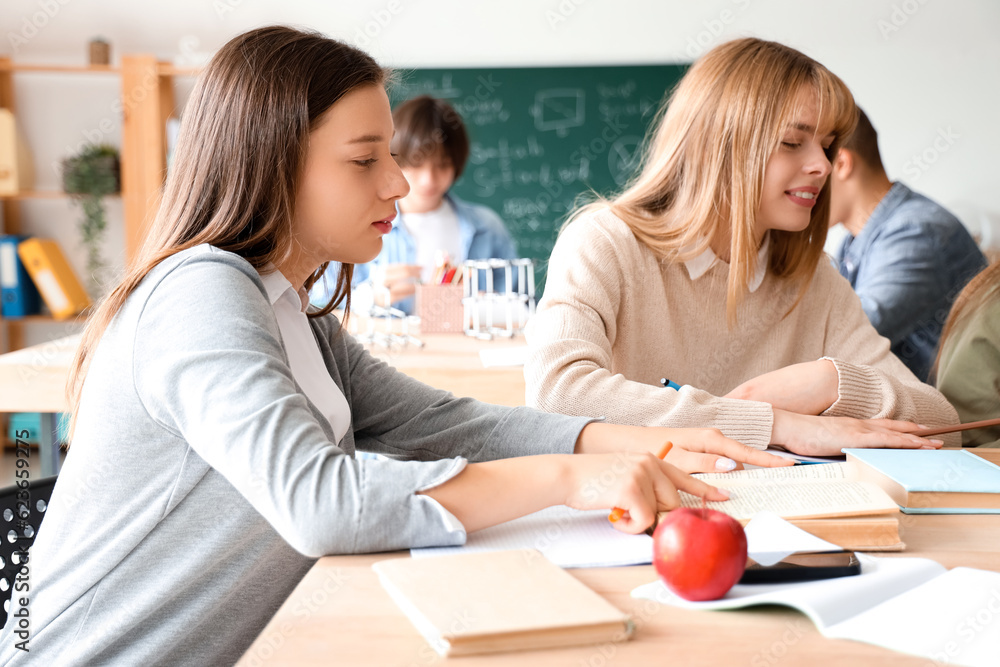 Female students studying at table in classroom Female students studying at table in classroom