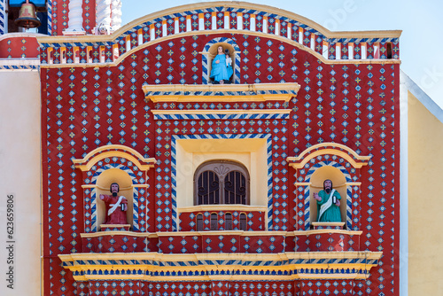 Santa Maria Tonantzintla indigenous baroque church facade in Cholula, Puebla, Mexico.