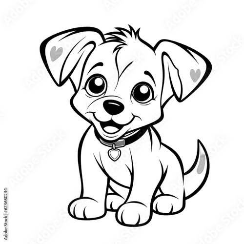 Coloring page outline of cartoon smiling cute little dog transparent background