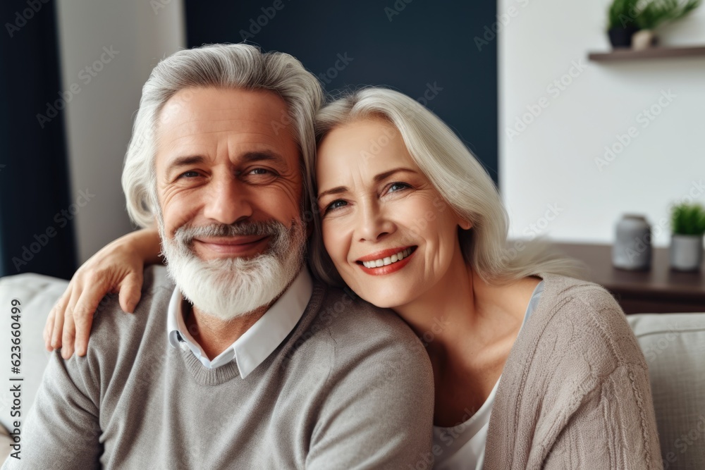 smiling happy mature senior couple sitting together at their home living room smiling happy mature senior couple sitting together at their home living room