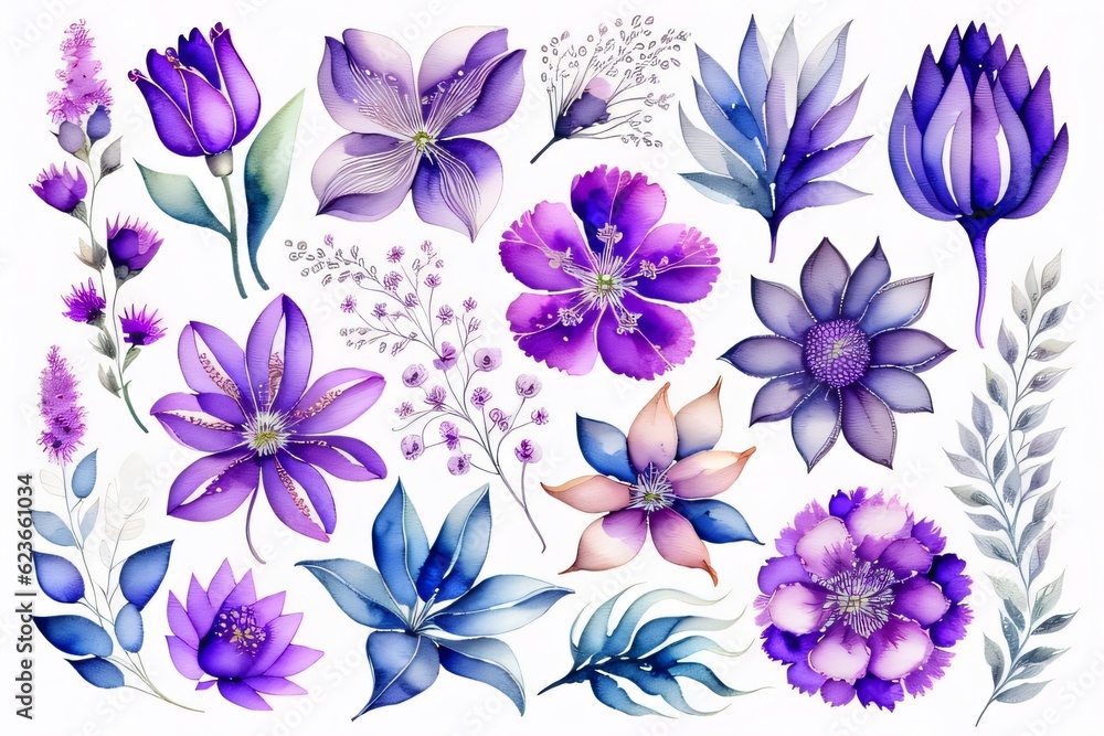 Obraz premium Set flowers and leave painting watercolor floral illustration made with Generative AI