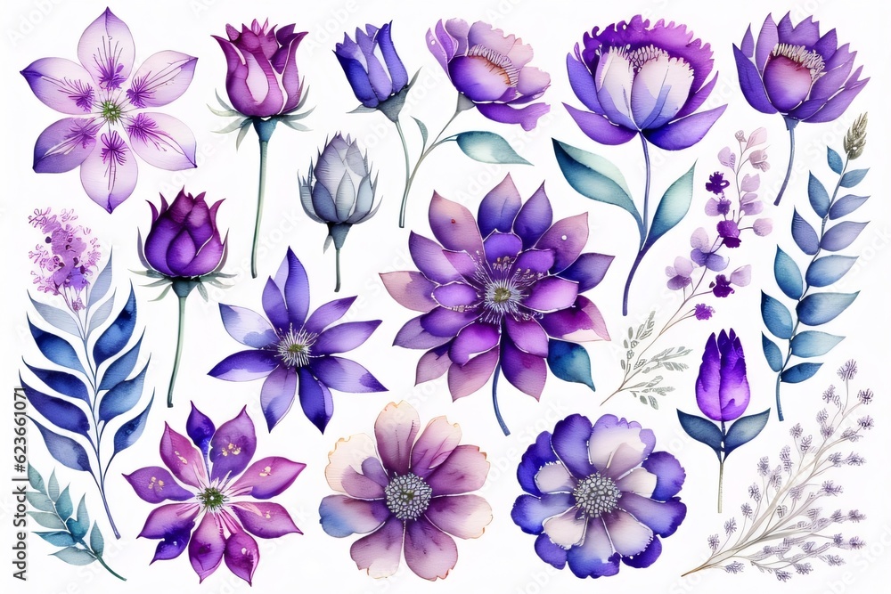 Obraz premium Set flowers and leave painting watercolor floral illustration made with Generative AI