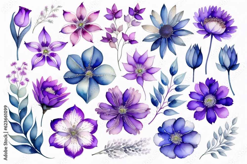 Set flowers and leave painting watercolor floral illustration made with Generative AI