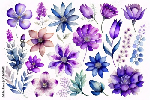 Set flowers and leave painting watercolor floral illustration made with Generative AI