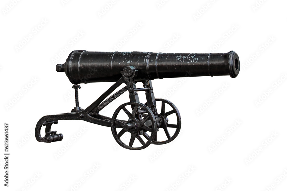 Cutout of an isolated old black cannon side view isolated with the transparent png 