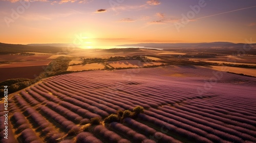 Aerial view of Lavender fields  France  at sunrise. Generate Ai