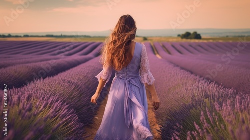 A beautiful young woman in a dress splashing around happily in a field of lavender  France. Generate Ai