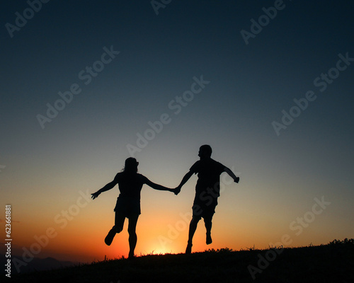 Silhueta de casal de mãos dadas caminhando no pôr do sol © carina furlanetto