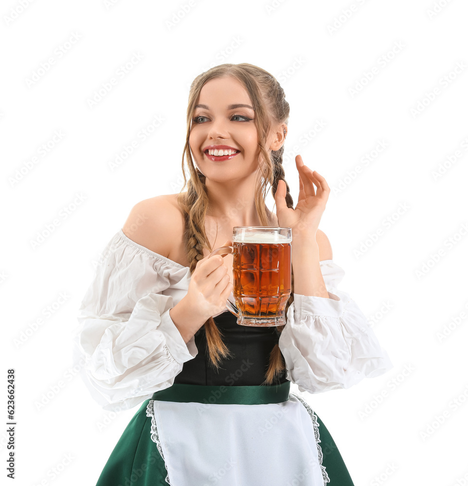 Beautiful Octoberfest waitress with beer on white background Beautiful Octoberfest waitress with beer on white background