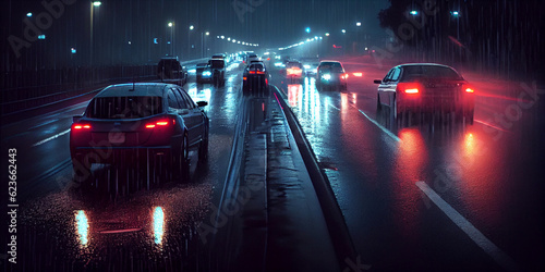 a lot of cars on the urban highway of the night city during the rain. Generative AI © Tatiana