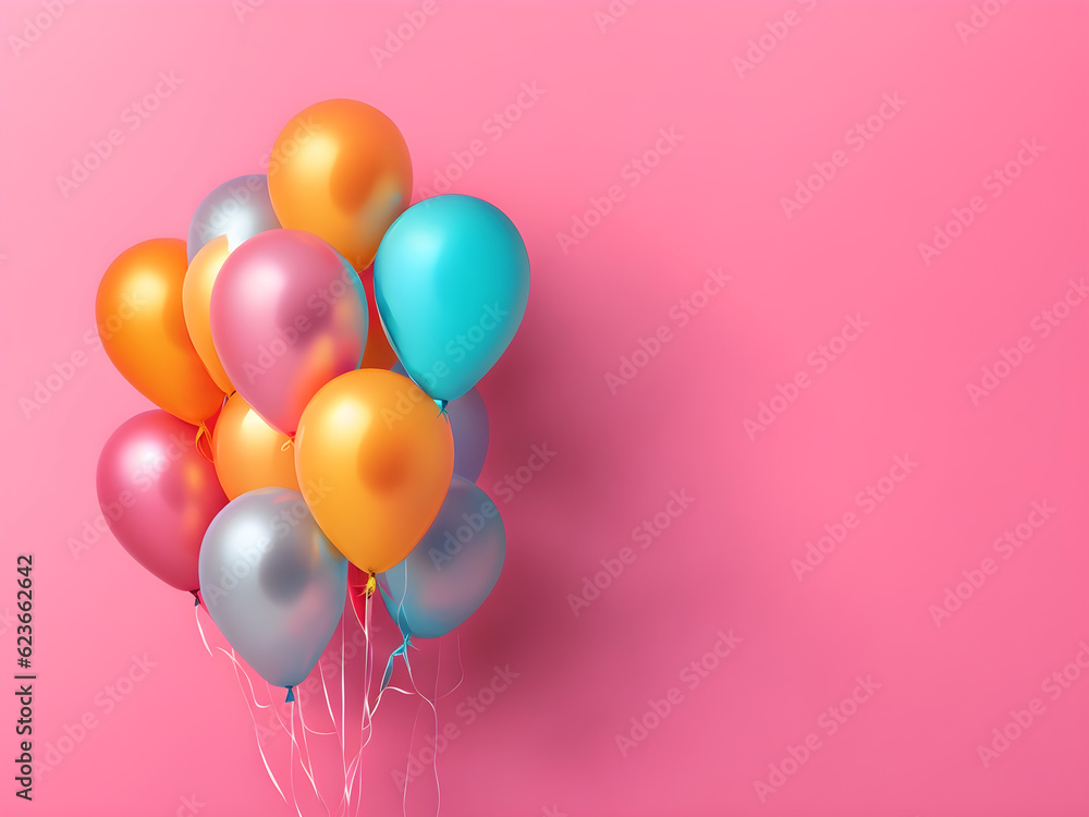 Colourful balloons bunch on a pink wall background with copy space Colourful balloons bunch on a pink wall background with copy space
