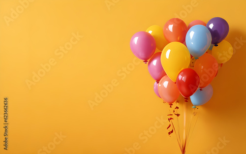 Colourful balloons bunch on a yellow wall background with copy space