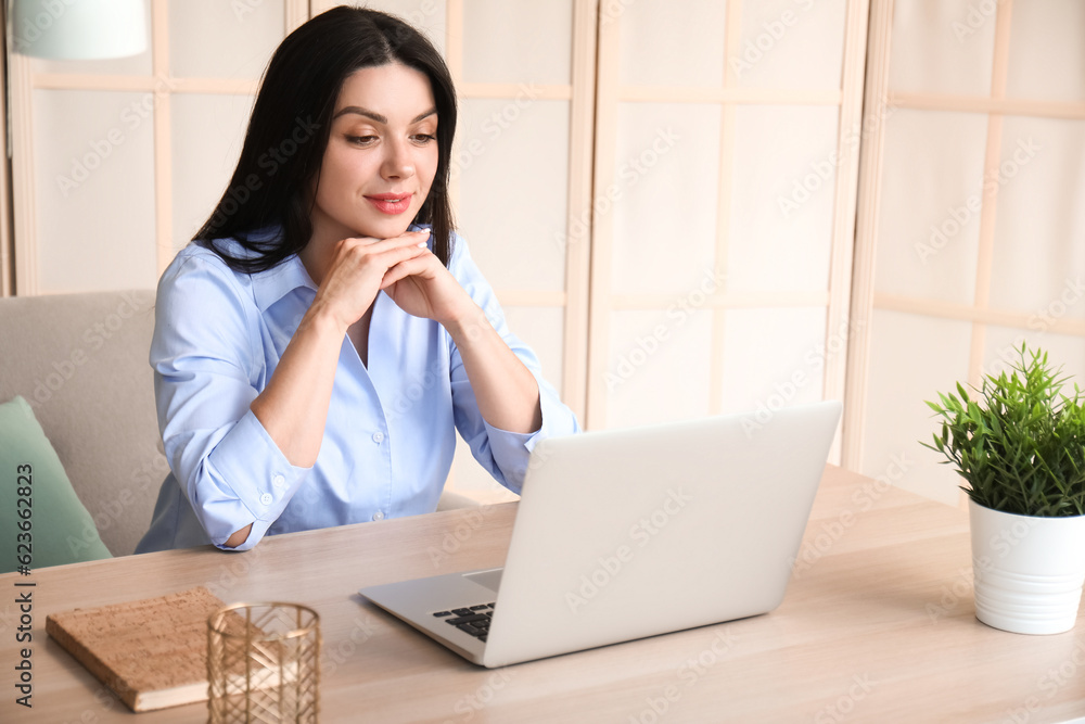 Beautiful woman having job interview online at home Beautiful woman having job interview online at home