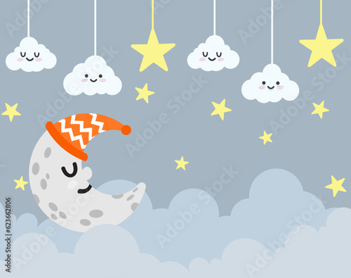 A cute nighttime theme background for children, suitable for fabric motifs, blankets, pillows, and others