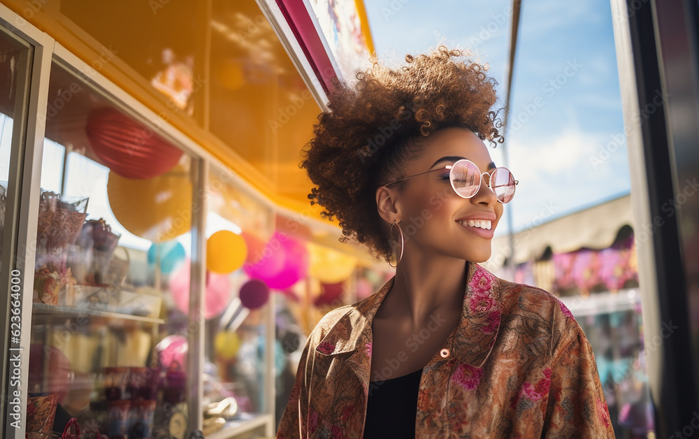 Smiling young black dark-skinned african american woman shoping at a pop-up business shop. Generative AI