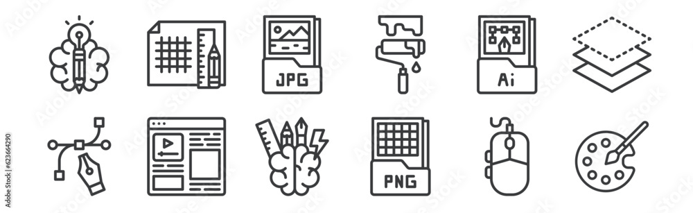 12 set of linear graphic design icons. thin outline icons such as color ...