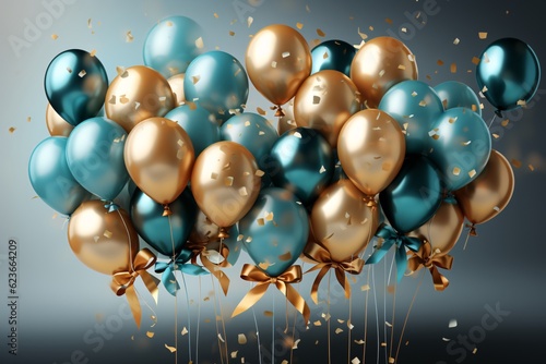 Bunch of blue and gold balloons with ribbons on bokeh background. Confetti. Generative AI technology