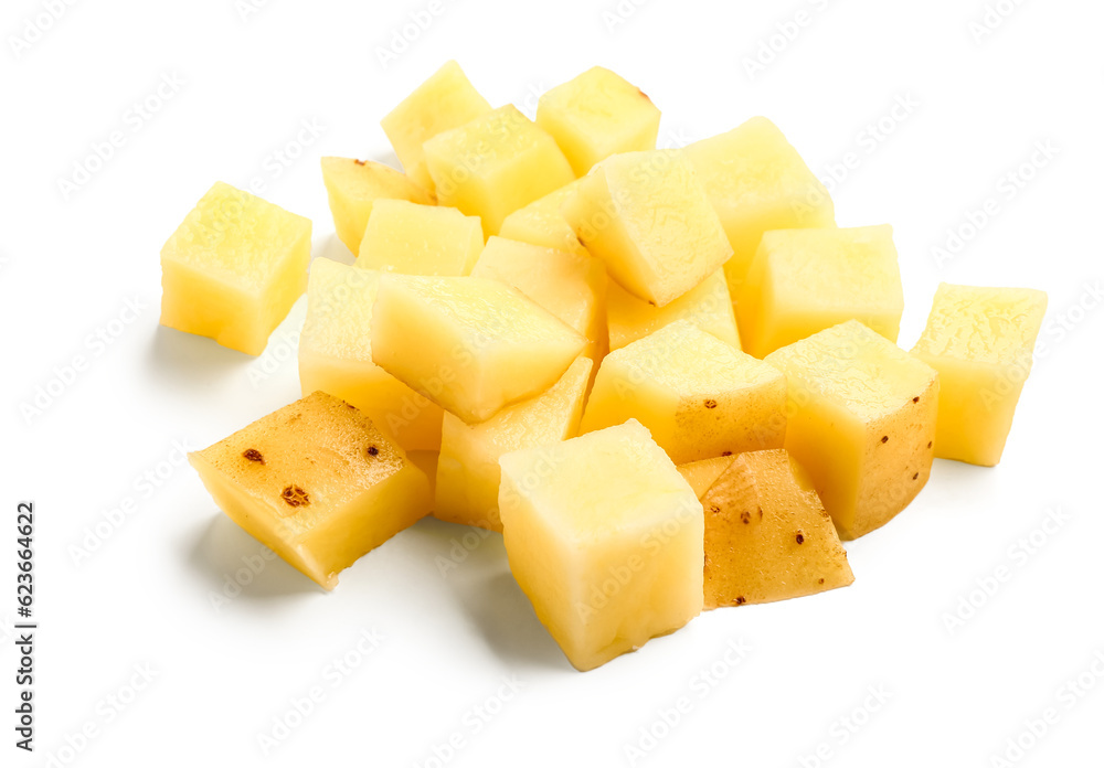 Pieces of raw potato isolated on white background Pieces of raw potato isolated on white background
