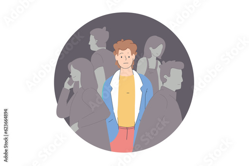 Depressive crowd. Sad teen girl behind parties people, social depression