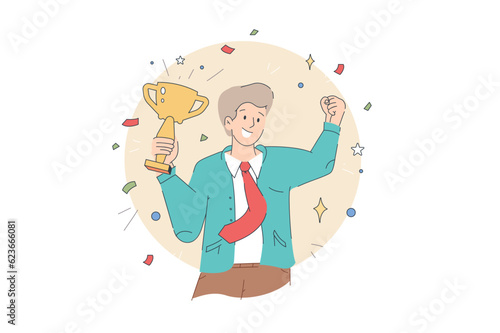 Happy businessman celebrate victory. Cup winner