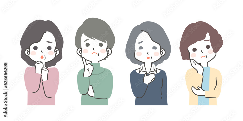 困る、悩む、不安を抱える、考え込むミドル世代の女性の表情イラスト 困る、悩む、不安を抱える、考え込むミドル世代の女性の表情イラスト