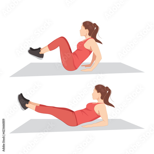 Beautiful girl doing double leg raise exercise in 2 step. Illustration about introduction workout.
