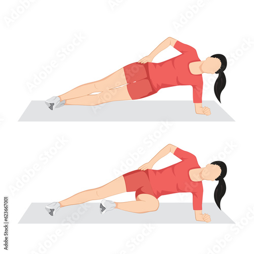 Woman doing side plank crunches exercise at gym. Flat vector illustration