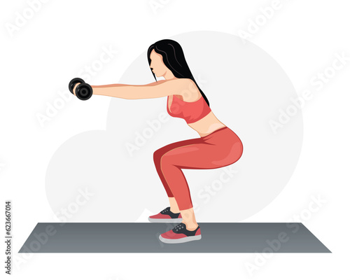 Squat exercise. side view of young beautiful woman in sportswear doing squat exercises and holding dumbbell at gym.