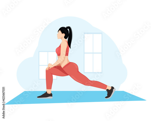 Young beautiful young woman in sportswear doing stretching while standing in front of window at gym