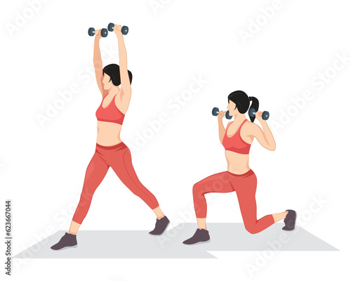 Woman doing split squat with overhead press, glute exercises and workouts flat vector illustration