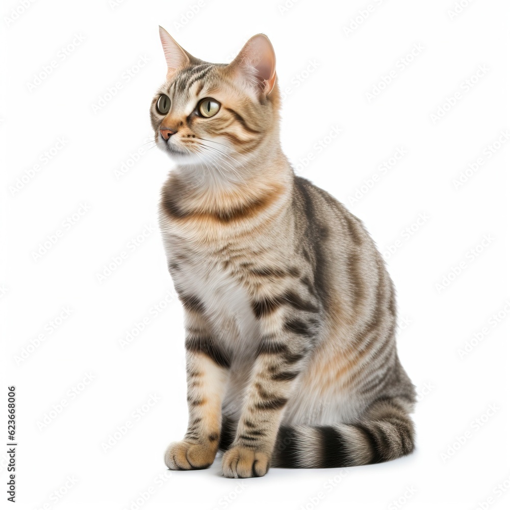  a striped cat sitting on a white surface looking up at something in the air with a white background and a black and orange stripe cat.  generative ai