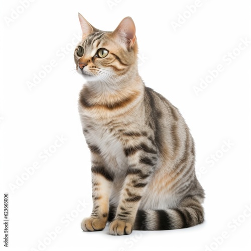  a striped cat sitting on a white surface looking up at something in the air with a white background and a black and orange stripe cat.  generative ai