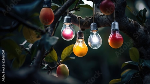  a group of light bulbs hanging from a tree branch with fruit hanging from it's branches and leaves around them, with a dark background of green leaves and red and yellow.  generative ai © Jevjenijs