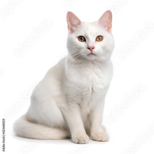  a white cat sitting down looking at the camera with a serious look on its face and eyes, with a white background and a white backdrop. generative ai