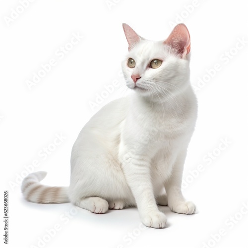  a white cat sitting on a white surface looking at the camera with a serious look on its face and eyes, with a white background. generative ai