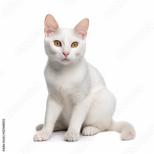  a white cat sitting on a white surface looking at the camera with a curious look on its face and eyes, with a white background. generative ai