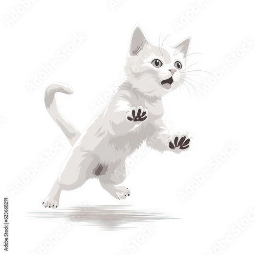  a white kitten is jumping in the air with its paws up and pawing at the camera with a white background and a white background.  generative ai