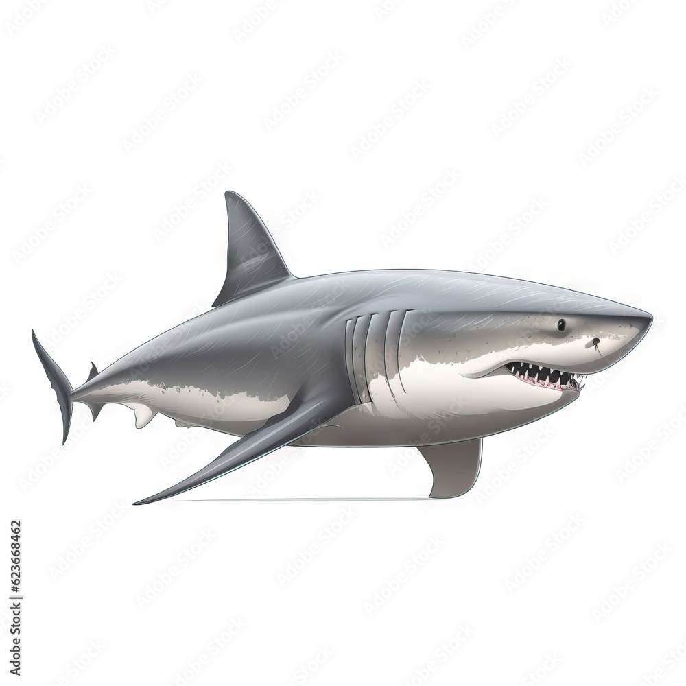  a drawing of a great white shark on a white background with a clipping path to the bottom of the shark's head and the shark's mouth.  generative ai