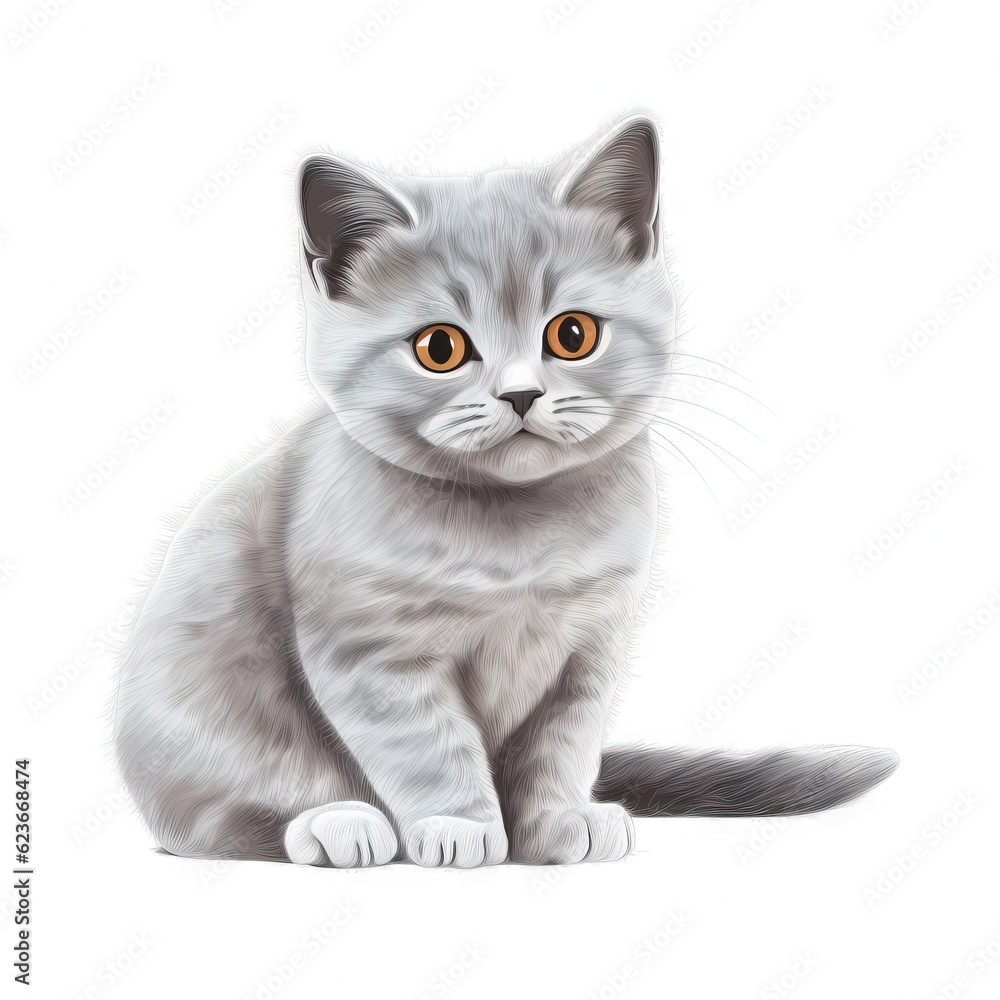  a drawing of a grey cat with orange eyes sitting on a white background with a white background and a black and white cat with orange eyes.  generative ai