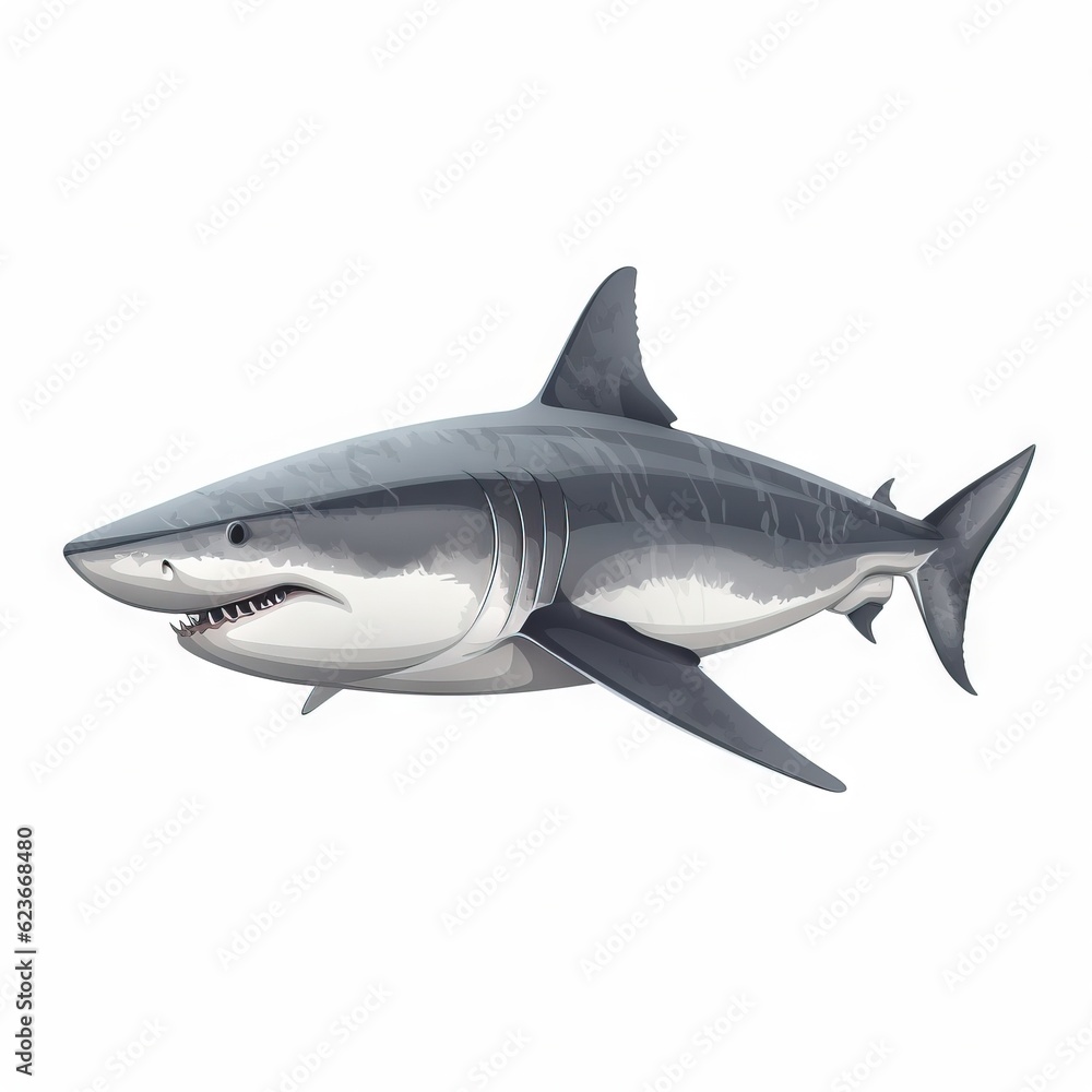  a drawing of a great white shark with a big smile on its face and teeth, with a white background, is shown in the foreground.  generative ai