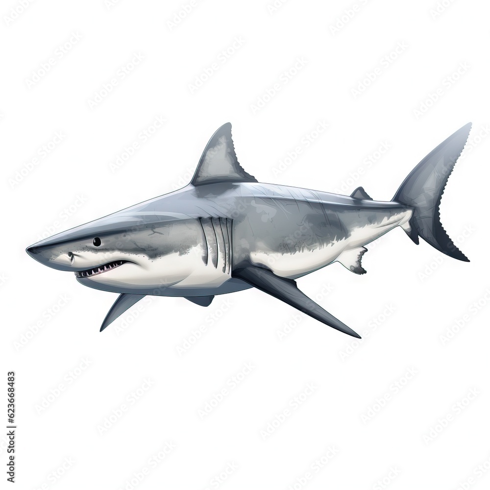  a drawing of a great white shark with a big smile on its face and mouth, swimming in the water, on a white background.  generative ai