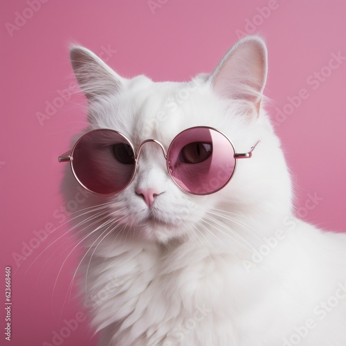  a white cat wearing pink sunglasses on a pink background with a pink wall in the back ground and a pink wall in the back ground. generative ai