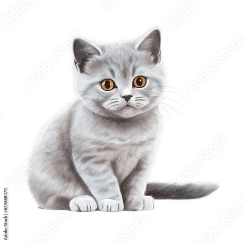  a drawing of a grey cat with orange eyes sitting on a white background with a white background and a black and white cat with orange eyes.  generative ai © Jevjenijs