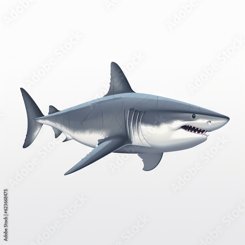 a large shark with a sharp tooth is flying in the air with a white background and a gray sky behind it is a white background.  generative ai