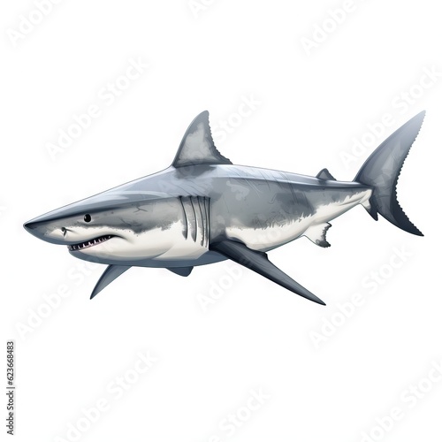  a drawing of a great white shark with a big smile on its face and mouth  swimming in the water  on a white background.  generative ai