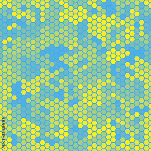 Camouflage seamless pattern with yellow and blue hexagonal geometric camo